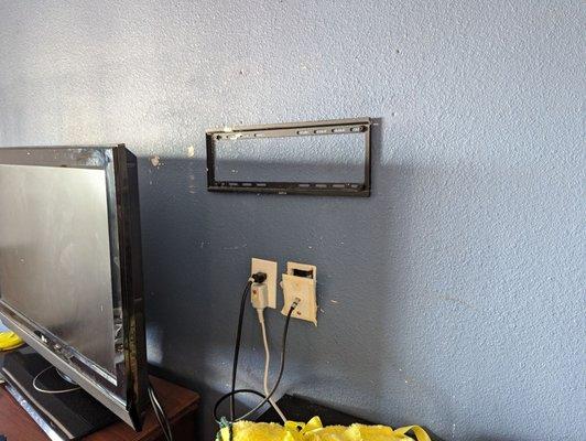 The cable plug was hanging out of the wall, TV wall mount left with no purpose