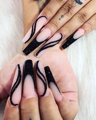 Nails design with black glitter