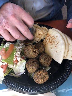 Falafel platter with orzo and small salad as his two sides