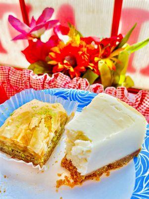 Delicious baklava dessert and cheesecake