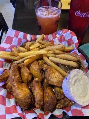 Plain wings and fries with a side of spicy honey garlic sauce and ranch