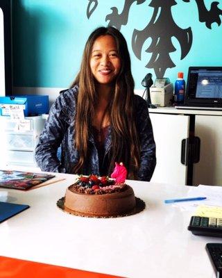 Jen with her birthday cake at Bike Attack