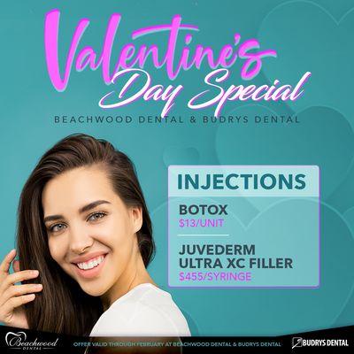 February Valentine's Day Injection Specials at Beachwood Dental and Budrys Dental.