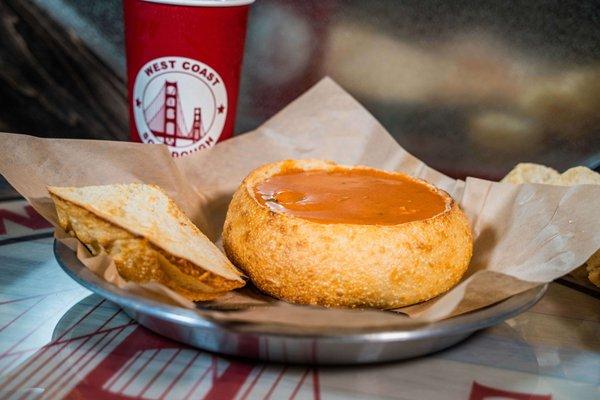 Tomato Bisque soup in a bread bowl.