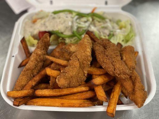 Chicken finger dinner with sweet potatoes