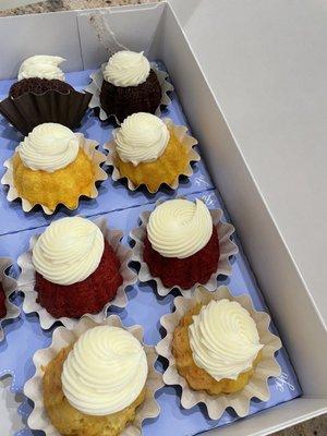 Bundtini assortment: Chocolate, Lemon, Red Velvet, and White Chocolate Raspberry.