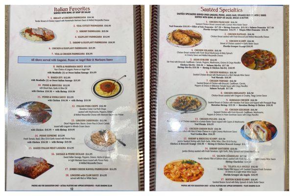 Menu (Italian favorites / sautéed specialties)