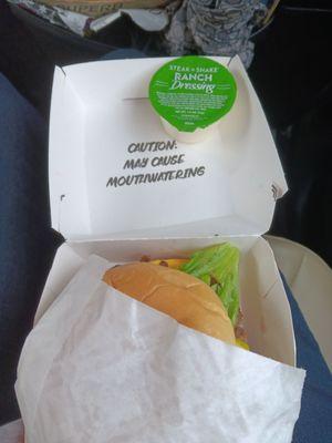 Double steak burger with lettuce and ranch for my fries