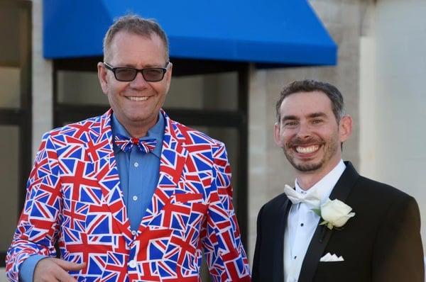 Elite British DJ and the groom at Comic-Con themed wedding.