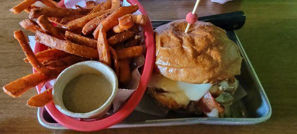 Grilled chicken sandwich (Barnyard Bash), honey mustard dressing, sweet potato fries