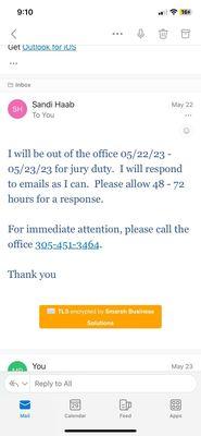 Screenshot of out of office email! One of many