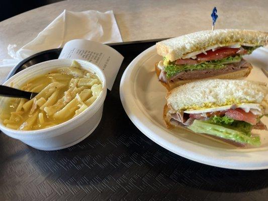 Roast beef sandwich, chicken noodle soup