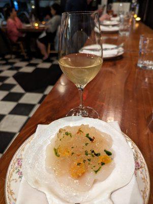 Johnny Spero / Reverie collab dinner - scallop crudo, broken gelee of corn silk and soy, salted gooseberries