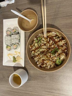 Teriyaki vegetable bowl!! California roll with miso soup and green tea