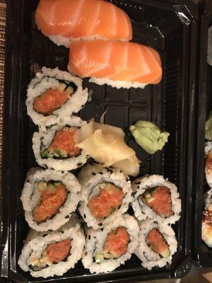 Spicy tuna roll and salmon sashimi