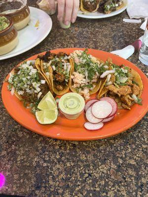 Tacos L to R (Chorizo, Pastor, Shrimp, Chicken)  All 5 Star