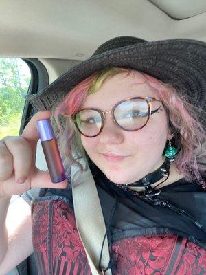 Me and the personalized blend of oils, complete with a bottle that I picked and crystals for energy!