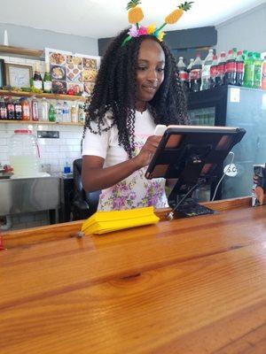 Tori at the counter