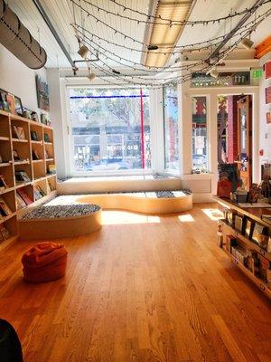 Reading space, wall full of books