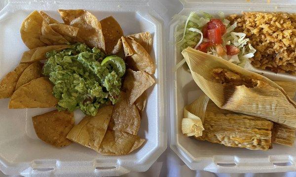 Chips and guacamole. 2 cheese tamales, 2 bean tamales with rice