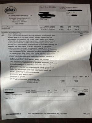 Text authorization from Midas with mystery quote totaling $866.98, given to me just before I left.