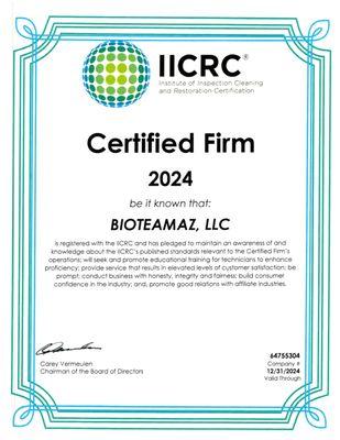 BioteamAZ's IICRC Certified Firm License.