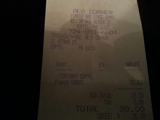 As the receipt states, Al's Corner has had the finest gas since 1997.