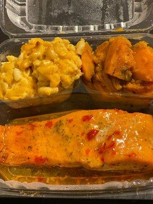 Garlic salmon and Macaroni n cheese and sweet potato