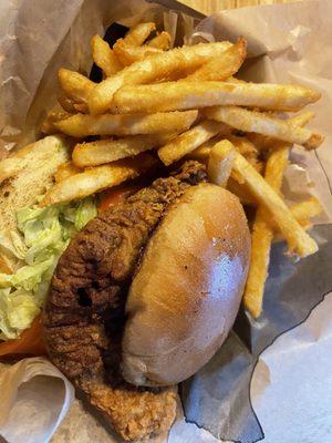 Chicken fried steak sandwich with fries