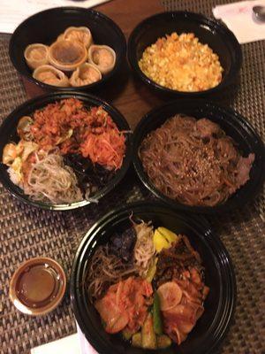 ZZ Bop, japchae,corn cheese, banchan, kimchi mandu