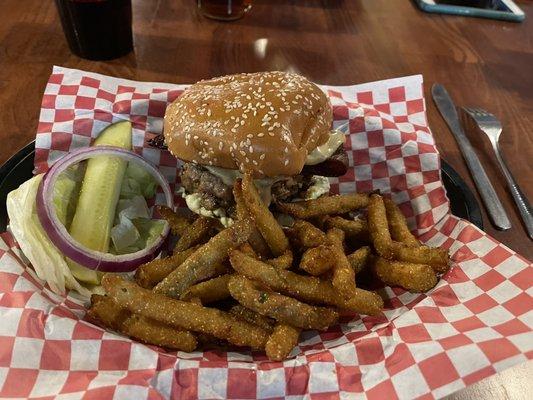 Burger and pickle fries. My first of this. Really good