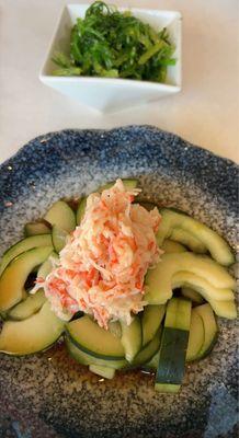 Crab salad had them swap crab sticks for snow crab & seaweed salad