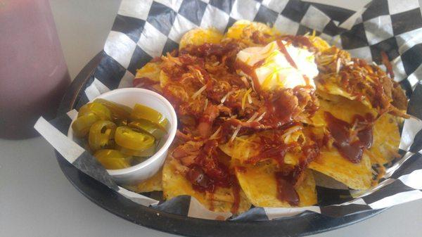 Barbecue nachos with jalapenos.... Yum