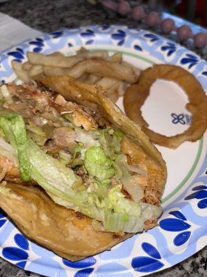 Chicken Taco, onion rings & fries