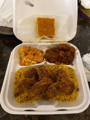 Fried Chicken, Mac&Cheese, Yams, Rice & Cornbread