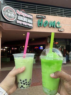 Honeydew with boba, apple slushie with lychee