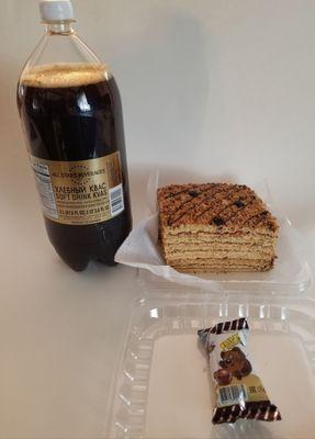 Trying new things. Medvik (Russian Honey Cake), Kvass (Rye Based Pop) and Russian Chocolate Bar.