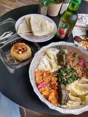 Small appetizer sampler, pomegranate soda, dessert.