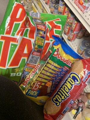 Mexican brand chips, Bocadin (a Mexican chocolate cookie treat), and Canelitas (a Mexican brand cinnamon cookies)