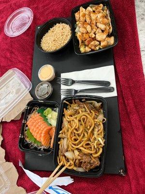 Beef udon noodles, Salmon Sashimi, hibachi chicken with friend rice.