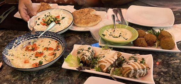 Baba Ganoush, Tahini w/ Falafel, Arayes,Tzatziki.