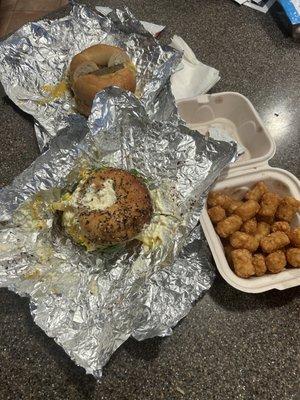 Breakfast bagel, Girdwood girl bagel and tots.