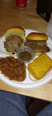 Slider combo with corn cake w/apple jalapeño jam and Rockys smoked beans