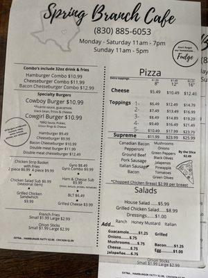 Spring Branch Cafe menu