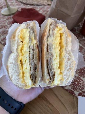 Sausage, Egg and Cheese on a Breakfast Roll