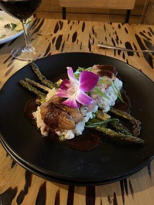 Feature- Grilled Duck with green pea Risotto, blackberry Demi glaze and Grilled Asparagus.