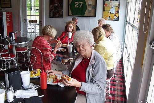 Great hamburger at Creme Hut ~ but Mom always closes her eyes!