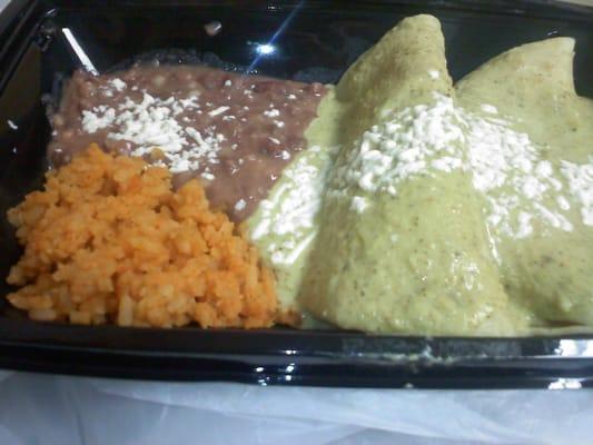 Watery and crunchy beans. Flavorless rice. Pretend "enchiladas" in some sort of a "green sauce" that cannot be identified. YUCK.