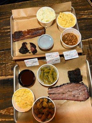 brisket, burnt ends, ribs, green beans, mac & cheese, fried okra, baked beans, potato salad