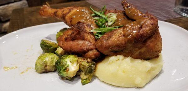 Smoked half chicken with brussel sprouts and mashed potatoes